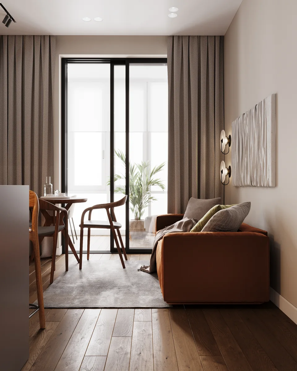 Apartment · 540 sq ft interior design — Rust & Walnut