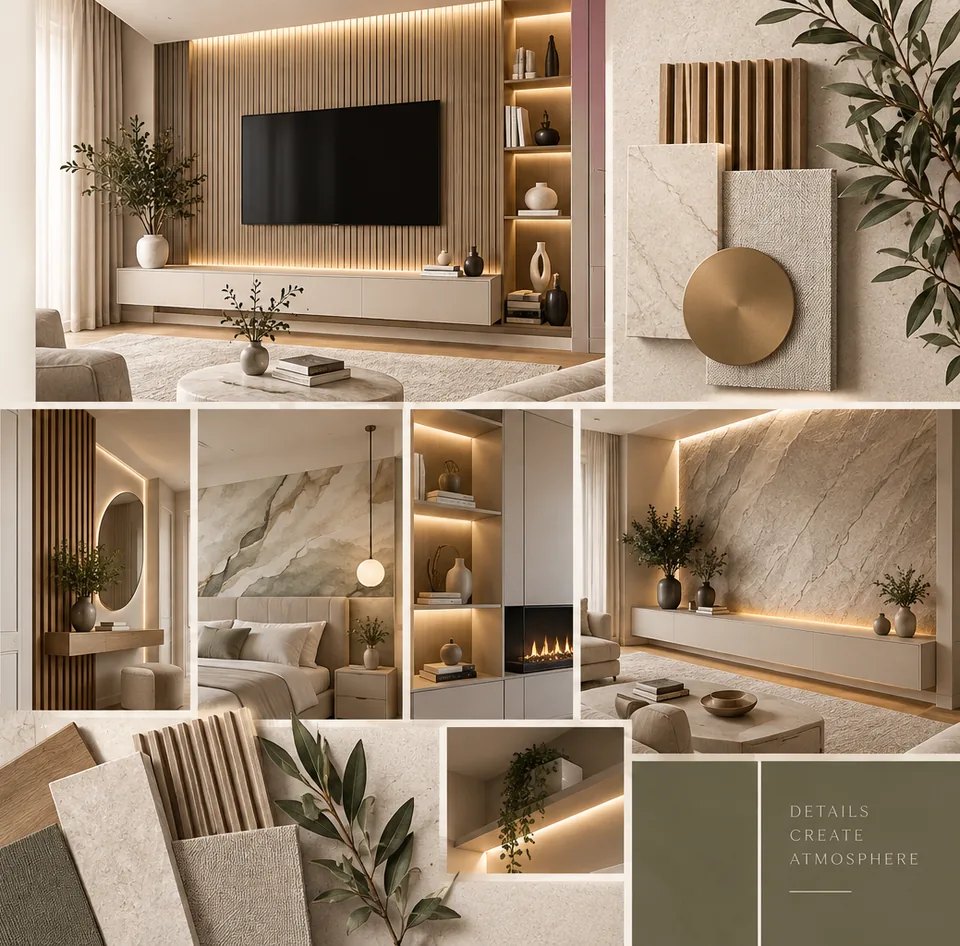 Accent wall mood board: slatted TV wall, stone fireplace wall and lit niches with material samples