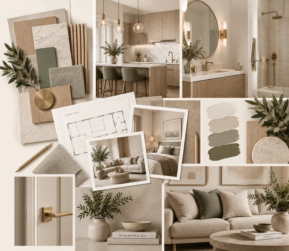 Express design mood board: wood, stone and paint samples with kitchen, bathroom and living room references
